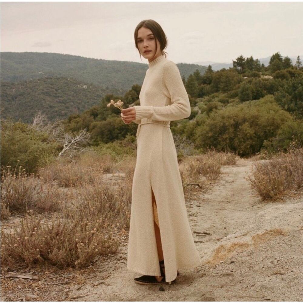 “Rare” DÔEN Anka Cream Cotton Knit Maxi Dress Mock Neck Tie Waist L